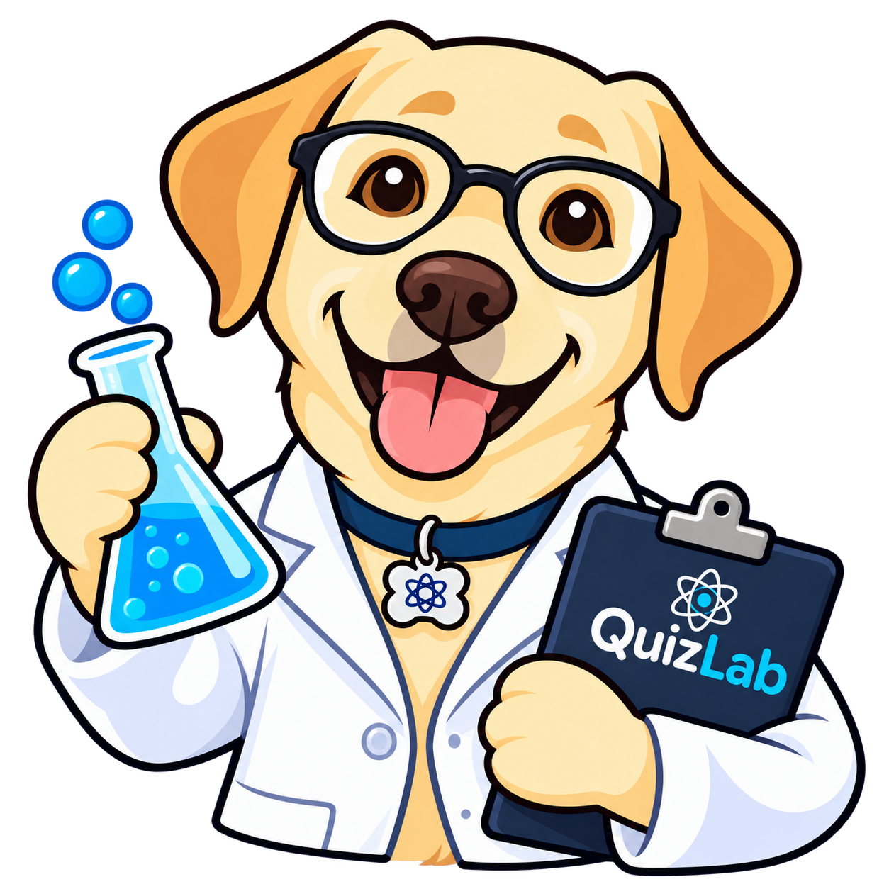 Tykus, la mascota de QuizLab: un perro con gafas y bata de laboratorio